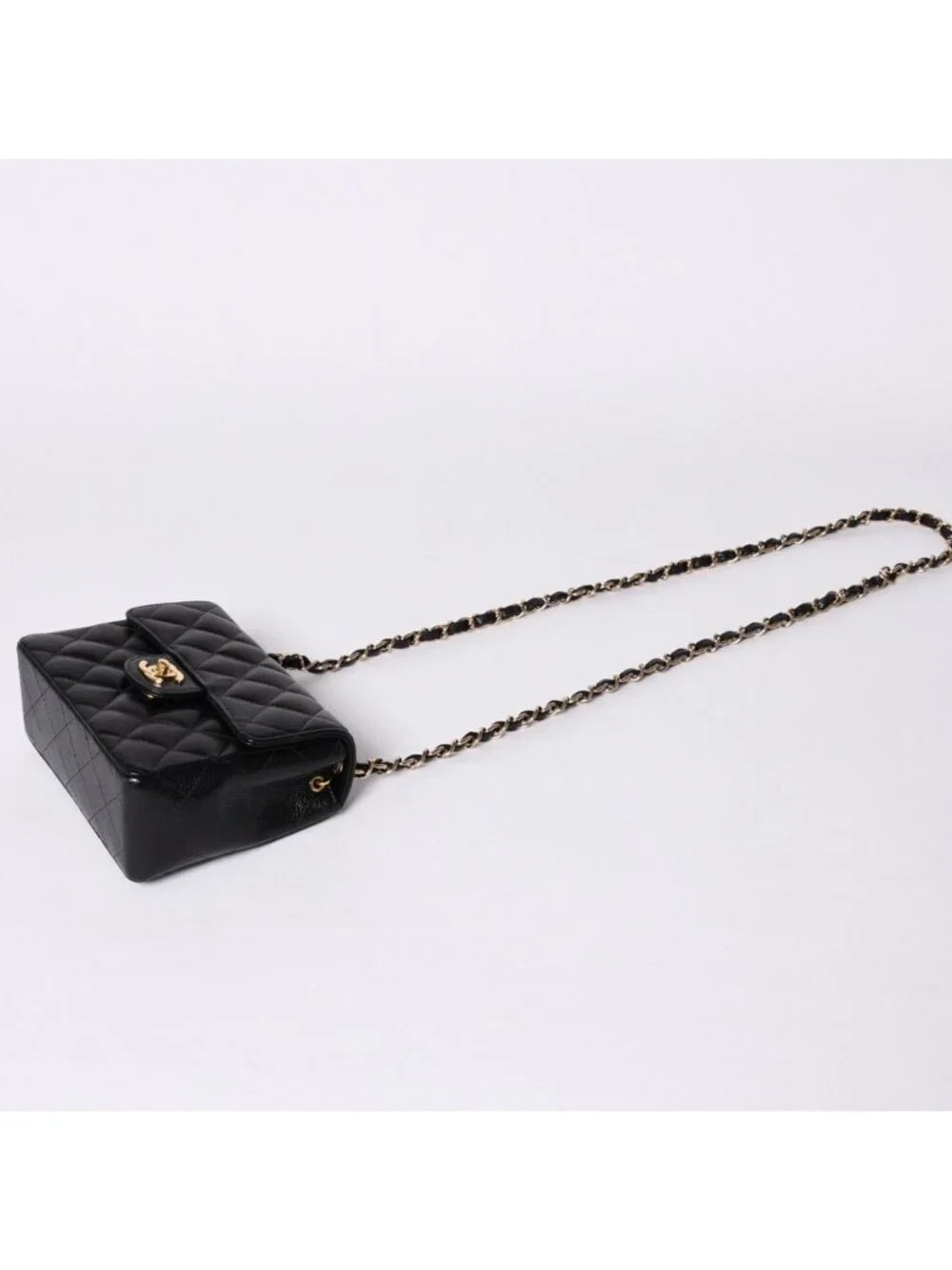 Chanel Mini Quilted Chain Shoulder Bag Caviar Leather Gold Black
